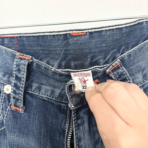 True Religion Men's 32 Orange & White Stitch Blue Straight Flap Horseshoe - Picture 2 of 4